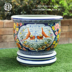 กระถางเซรามิค พร้อมจานรอง P0S ขนาด 22" ลายดอกโบตั๋นช่องปลาทอง
