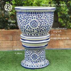กระถางเซรามิค พร้อมจานรองและฐาน P0S-STD ขนาด 22" ลายยุโรปชาววังสีน้ำเงิน