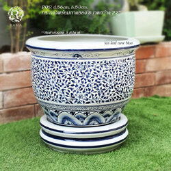 กระถางเซรามิค พร้อมจานรอง P0S ขนาด 22" ลายใบชาสีน้ำเงิน