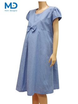 004BU ชุดคลุมท้องคอกลมโบว์จีบ สีฟ้า