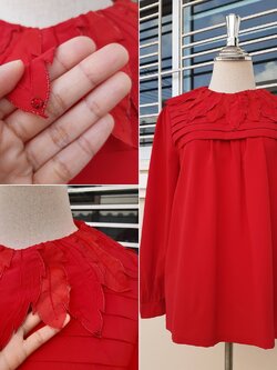 เสื้อวินเทจแขนยาวสีแดง งานกระดุมหลัง ปกใบไม้แต่งเพชรถอดได้