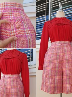 กางเกงวินเทจเอวสูงสีชมพูลายสก๊อต (Vintage pants)