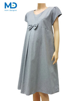 004GR ชุดคลุมท้องคอกลมโบว์จีบ สีเทา