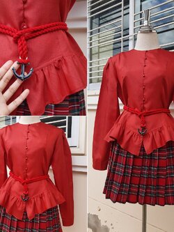 เสื้อวินเทจญี่ปุ่นสีแดงแสด ชายระบายพลิ้ว