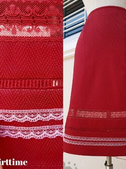 กระโปรงทรงเอสีแดง ผ้าลายก้างปลา ชายฉลุลูกไม้