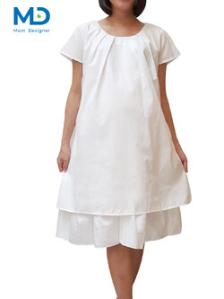 008WH ชุดคลุมท้องคอกลมชายระบาย สีขาว