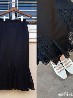 กระโปรงวินเทจทรงหางปลาสีดำ ชายต่อผ้าลูกไม้