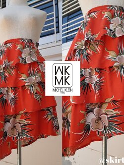 🔥 SALE 50% 🔥 กระโปรงชายเฉียงลายดอกสีส้ม แบรนด์ Michel Klein