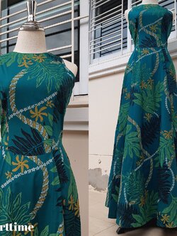 เดรสฮาวายวินเทจแขนกุดลายดอก สีเขียวสวยๆ