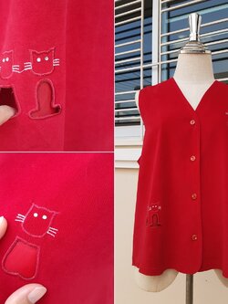 เสื้อกั๊กวินเทจแขนกุดผ้าสักหลาดสีแดง ฉลุลายแมวเหมียว