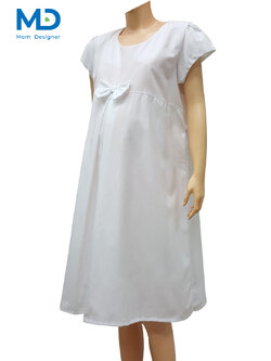 004WH ชุดคลุมท้องคอกลมโบว์จีบ สีขาว