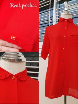 เสื้อเชิ้ตคอบัวฉลุลายแขนสั้นสีแดง