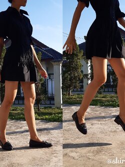 เดรสสั้นแขนพองสีดำ ยืดสม็อคกลางลำตัว