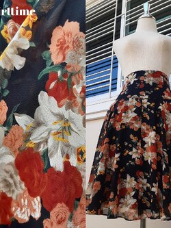กระโปรงบานผ้าชีฟองลายดอกไม้สีส้ม งานวินเทจมือสอง