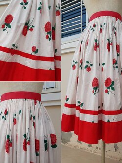 กระโปรงบานสีแดงลายดอกกุหลาบ