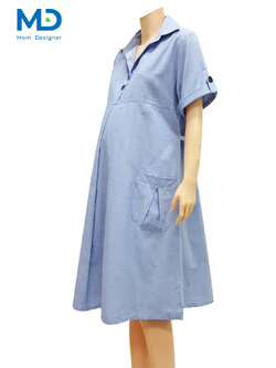 005BU ชุดคลุมท้องปกเชิ้ตกระเป๋าหน้า สีฟ้า