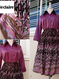 ชุดเซ็ตวินเทจ เสื้อกลิตเตอร์สีม่วง + กระโปรงลายกราฟฟิค แบรนด์ Marie Claire