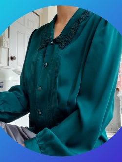 เสื้อเชิ้ตวินเทจปกลูกไม้ สีเขียวหัวเป็ด