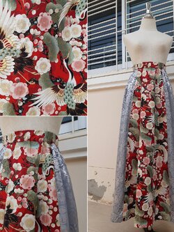 กระโปรงยาวลายนกกระเรียนญี่ปุ่นสีแดง - สีเงิน