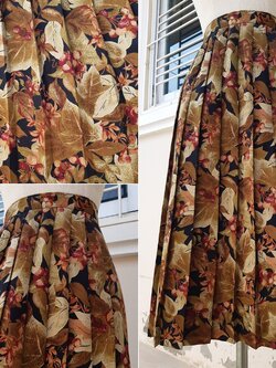 กระโปรงวินเทจจีบพลีทรอบตัวสีน้ำตาลลายใบไม้