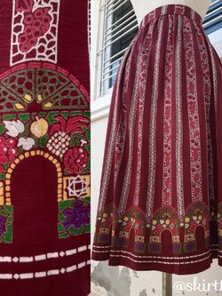 กระโปรงวินเทจสีแดงเข้ม เชิงชายลายผลไม้สไตลืบาโรก