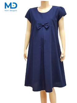 004NV ชุดคลุมท้องคอกลมโบว์จีบ สีกรมท่า