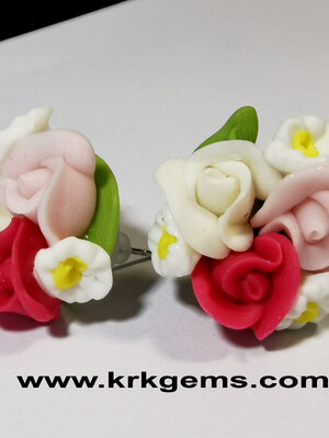 DEEP &PASTEL PINK WHITE 3ROSE HANDMADE CLAY EARRING