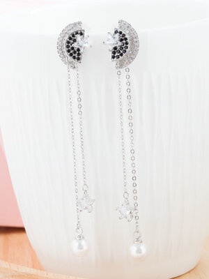 Natural Pearl Black Sapphire Diamond Gold Earrings ต่างหูเพชรแท้ ทองแท้ 9K, 18K มีใบเซอร์ GIA💎