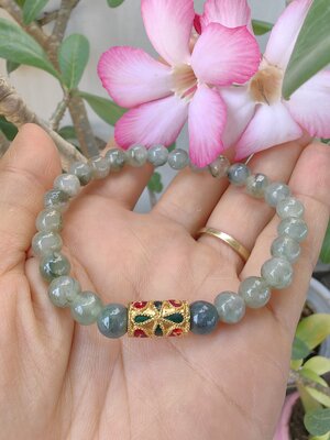 Burmese Jadeite Bracelets Thai Enamel Gold plated 7 mm. สร้อยข้อมือหยกพม่า ลงยาสุโขทัย กลม 7 มม. Free Size