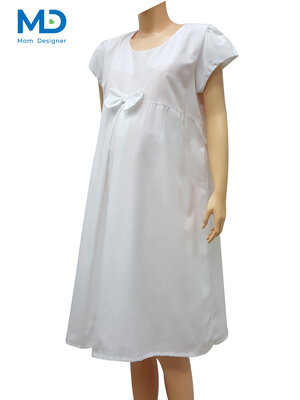 004WH ชุดคลุมท้องคอกลมโบว์จีบ สีขาว