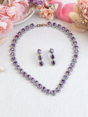 PURPLE SAPPHIRE DIAMOND 18K WHITE GOLD NECKLACE EARRING สร้อยคอ ต่างหู แซฟไฟร์สีม่วง ล้อมเพชร ทอง 18K Pre-order