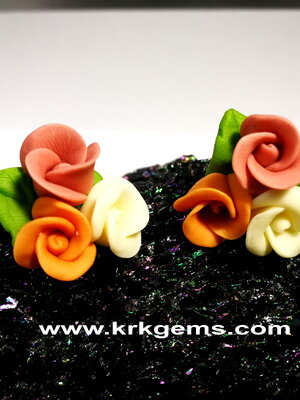 PASTEL PINK ORANGE WHITE 3ROSE HANDMADE CLAY EARRING