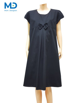 004BK ชุดคลุมท้องคอกลมโบว์จีบ สีดำ