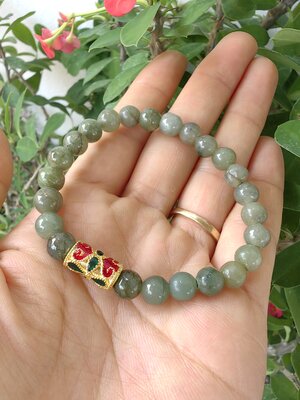 Burmese Jadeite Bracelets Thai Enamel Gold plated 7 mm. สร้อยข้อมือหยกพม่า ลงยาสุโขทัย กลม 7 มม. Free Size