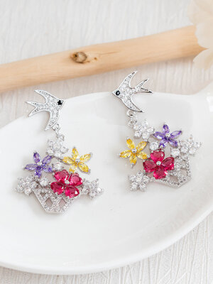 Natural Ruby Yellow Sapphire Purple Sapphire Diamond Gold Earrings ต่างหูทับทิม บุษราคัม แซฟไฟร์สีม่วง เพชรแท้ ทองแท้ 9K, 18K มีใบเซอร์ GIA💎