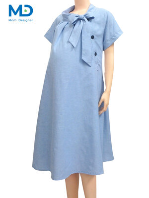 006BU ชุดคลุมท้องคอโบว์ สีฟ้า